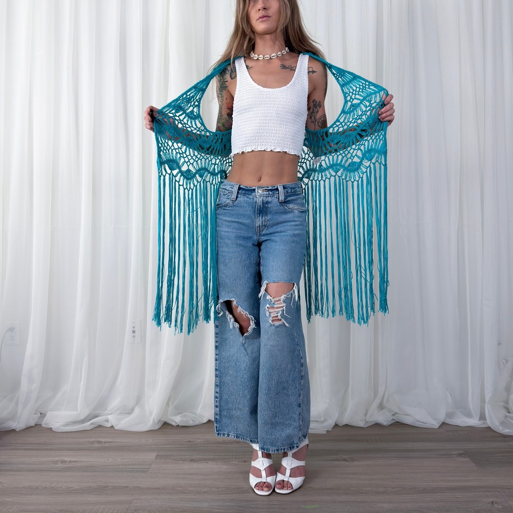 Pink‎ Cattlelac Blue Crochet Fringe Festival Vest One Size Boho